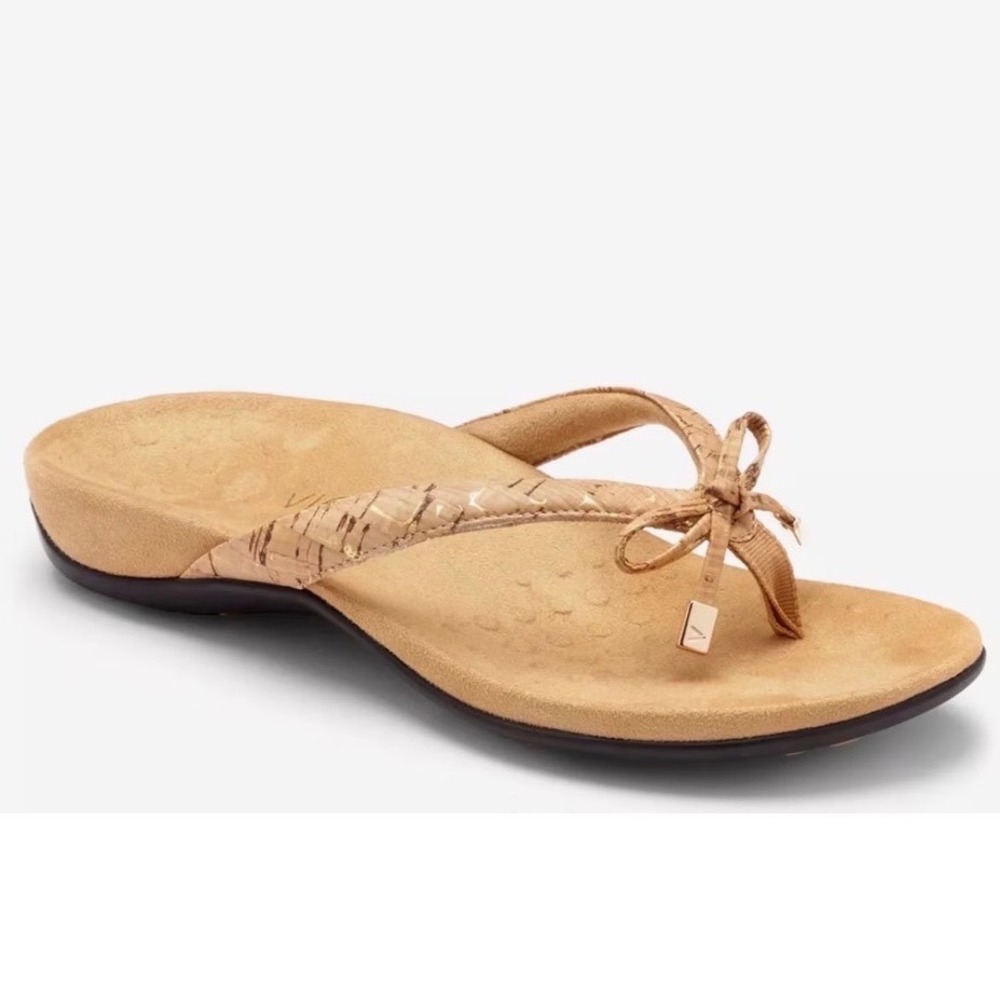 VIONIC Gold Sandal Thong Flip‎ Flop Shoe 10 Tan Cork Bow Orthotic Comfort Bella